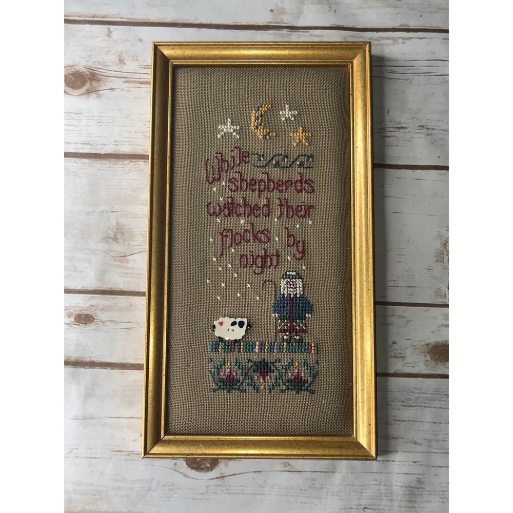 Evelyn Dressel Cross Stitch Sampler Gold Framed While Shepherds Watched 1999 OS